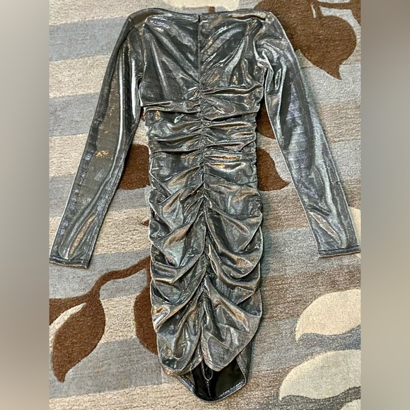 NWT Tiger Mist. Belle Silver Asymmetric Neck Bodycon Mini Dress Waist Cut Out - Picture 7 of 11